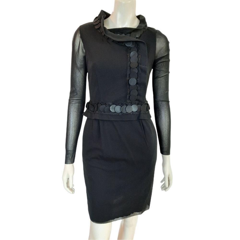 𝅺VIVIENNE Tam Dress size Small Black Mesh Mini Long Sleeve Ruffle Pockets